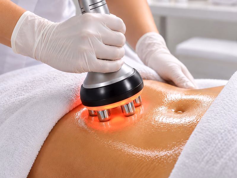 A radiofrequency handpiece being used on a client’s abdomen
